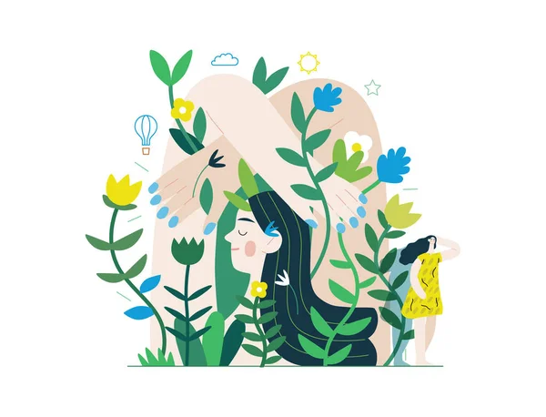 エコロジー 植物に囲まれた女性の壁画のモダンなフラットベクトルコンセプトイラスト 環境の持続可能性と保護のメタファー 自然に近い — ストックベクタ