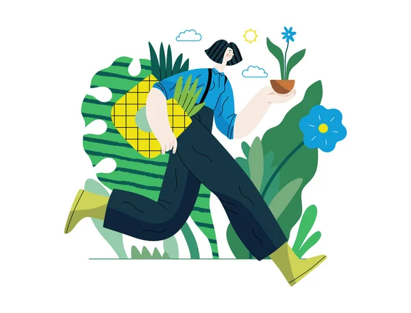 エコロジー モダンなフラットベクターのコンセプトイラスト エコバッグで走っている女性と鍋に花 環境の持続可能性と保護のメタファー 自然に近い — ストックベクタ