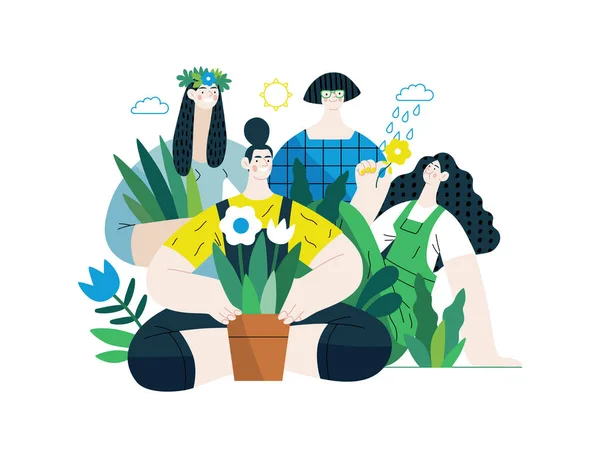 Greenery Ecology Modern Flat Vector Concept Illustration People Surrounded Plants — Stock Vector