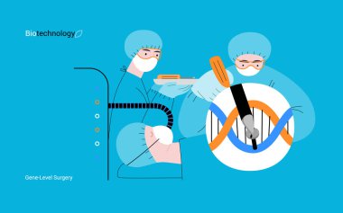 Bio-Teknoloji, Gen-Seviye Cerrahi - moleküler seviyedeki hassas genetik değişikliklerin modern düz vektör gösterimi. Genetik bozuklukların tedavisi ve insan sağlığının iyileştirilmesi metaforu