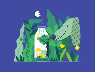 Yeşillik, ekoloji, modern düz vektör konsepti, şişedeki adamın ekosistemi. Parktaki köpek. Çevresel sürdürülebilirlik ve koruma metaforu, doğaya yakınlık