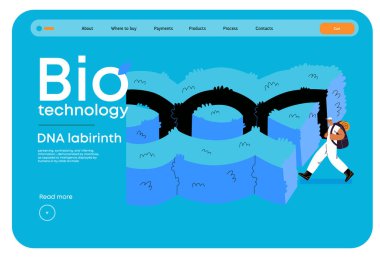 Bio Teknoloji, DNA labirenti modern düz vektör konsepti. Çift sarmal DNA 'sı şeklinde bir labirentin önünde bir insanın resmedilmesi. Genetik araştırmaların karmaşıklığı ve zorlukları metaforu