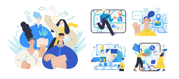 Ilustración Negocios Memphis Empresa Moderno Esbozado Ilustraciones Concepto Vector Plano — Vector de stock