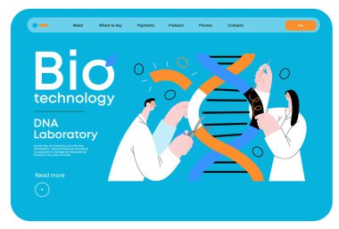 Bio Teknoloji, DNA Laboratuvarı - modern vektör konsepti. Bilim adamları DNA çift sarmalını inceliyor, parçaları değiştiriyor ve yeniden düzenliyor. Tarım ve tıptaki gelişmelerin metaforu