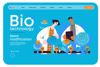 Bio Teknoloji, Tohum Modifikasyonu - Modern düz vektör konsepti bir bitkinin genetik değiştirilmiş varyantlarını analiz eden bilim adamları. GDO 'nun bitkiler üzerindeki doğrudan etkisinin metaforu