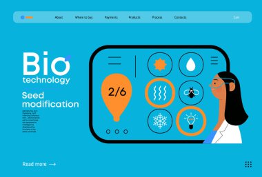 Bio Teknoloji, Tohum Modifikasyonu - Modern düz vektör konsepti bilim adamlarının tohum, genetik modifiye edilmiş varyantlar için özellikler seçtiğini gösteriyor. GDO 'nun bitkiler üzerindeki doğrudan etkisinin metaforu