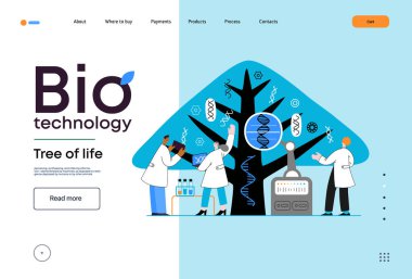 Bio Teknoloji, Yaşam Ağacı. Yaprakları çeşitli DNA türlerini temsil eden bilim insanlarının ağacı gözlemlediği modern düz vektör çizimi. Genetik araştırma ve yaşam çeşitliliği metaforu