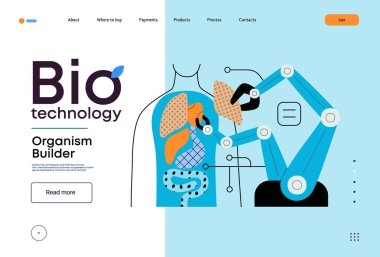 Biyo Teknoloji, Organizma Üreticisi - modern düz vektör konsepti. Robot montaj organizması, organları temsil eden parçalar kullanıyor. Yenileyici tıp ve 3D baskı metaforu