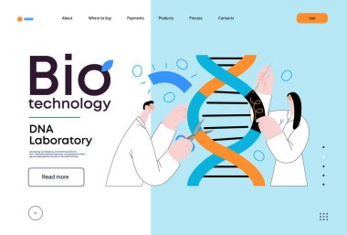 Bio Teknoloji, DNA Laboratuvarı - modern vektör konsepti. Bilim adamları DNA çift sarmalını inceliyor, parçaları değiştiriyor ve yeniden düzenliyor. Tarım ve tıptaki gelişmelerin metaforu