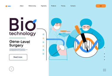 Bio-Teknoloji, Gen-Seviye Cerrahi - moleküler seviyedeki hassas genetik değişikliklerin modern düz vektör gösterimi. Genetik bozuklukların tedavisi ve insan sağlığının iyileştirilmesi metaforu
