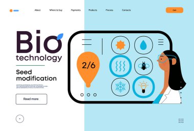 Bio Teknoloji, Tohum Modifikasyonu - Modern düz vektör konsepti bilim adamlarının tohum, genetik modifiye edilmiş varyantlar için özellikler seçtiğini gösteriyor. GDO 'nun bitkiler üzerindeki doğrudan etkisinin metaforu
