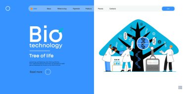 Bio Teknoloji, Yaşam Ağacı. Yaprakları çeşitli DNA türlerini temsil eden bilim insanlarının ağacı gözlemlediği modern düz vektör çizimi. Genetik araştırma ve yaşam çeşitliliği metaforu