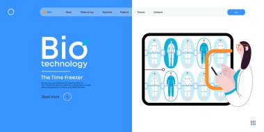 Bio Teknoloji, Cryocapsule Time Freezer - donmuş zaman kasalarını andıran gelecekçi kriyokapsüllerin modern düz vektör çizimi. Kriyonik teknoloji ile yaşamı ve zamanı koruma metaforu