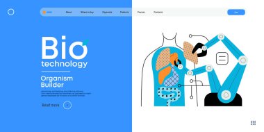 Biyo Teknoloji, Organizma Üreticisi - modern düz vektör konsepti. Robot montaj organizması, organları temsil eden parçalar kullanıyor. Yenileyici tıp ve 3D baskı metaforu