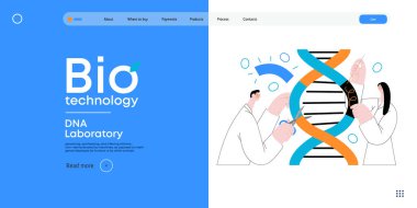 Bio Teknoloji, DNA Laboratuvarı - modern vektör konsepti. Bilim adamları DNA çift sarmalını inceliyor, parçaları değiştiriyor ve yeniden düzenliyor. Tarım ve tıptaki gelişmelerin metaforu
