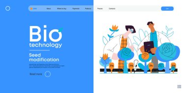 Bio Teknoloji, Tohum Modifikasyonu - Modern düz vektör konsepti bir bitkinin genetik değiştirilmiş varyantlarını analiz eden bilim adamları. GDO 'nun bitkiler üzerindeki doğrudan etkisinin metaforu