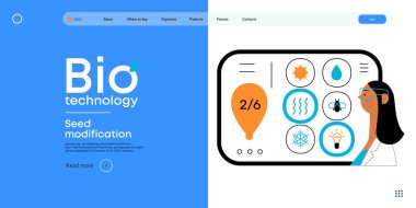 Bio Teknoloji, Tohum Modifikasyonu - Modern düz vektör konsepti bilim adamlarının tohum, genetik modifiye edilmiş varyantlar için özellikler seçtiğini gösteriyor. GDO 'nun bitkiler üzerindeki doğrudan etkisinin metaforu