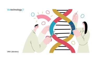 Bio Teknoloji, DNA Laboratuvarı - modern vektör konsepti. Bilim adamları DNA çift sarmalını inceliyor, parçaları değiştiriyor ve yeniden düzenliyor. Tarım ve tıptaki gelişmelerin metaforu
