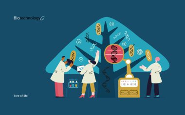 Bio Teknoloji, Yaşam Ağacı. Yaprakları çeşitli DNA türlerini temsil eden bilim insanlarının ağacı gözlemlediği modern düz vektör çizimi. Genetik araştırma ve yaşam çeşitliliği metaforu