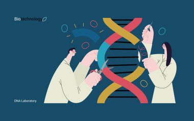 Bio Teknoloji, DNA Laboratuvarı - modern vektör konsepti. Bilim adamları DNA çift sarmalını inceliyor, parçaları değiştiriyor ve yeniden düzenliyor. Tarım ve tıptaki gelişmelerin metaforu
