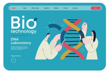 Bio Teknoloji, DNA Laboratuvarı - modern vektör konsepti. Bilim adamları DNA çift sarmalını inceliyor, parçaları değiştiriyor ve yeniden düzenliyor. Tarım ve tıptaki gelişmelerin metaforu