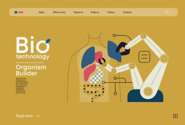 Biyo Teknoloji, Organizma Üreticisi - modern düz vektör konsepti. Robot montaj organizması, organları temsil eden parçalar kullanıyor. Yenileyici tıp ve 3D baskı metaforu