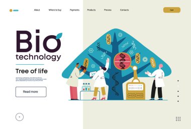 Bio Teknoloji, Yaşam Ağacı. Yaprakları çeşitli DNA türlerini temsil eden bilim insanlarının ağacı gözlemlediği modern düz vektör çizimi. Genetik araştırma ve yaşam çeşitliliği metaforu