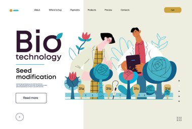 Bio Teknoloji, Tohum Modifikasyonu - Modern düz vektör konsepti bir bitkinin genetik değiştirilmiş varyantlarını analiz eden bilim adamları. GDO 'nun bitkiler üzerindeki doğrudan etkisinin metaforu