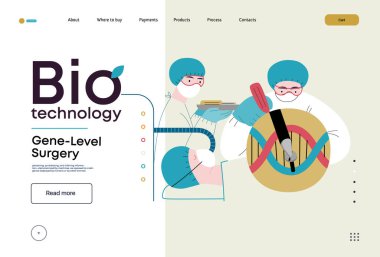 Bio-Teknoloji, Gen-Seviye Cerrahi - moleküler seviyedeki hassas genetik değişikliklerin modern düz vektör gösterimi. Genetik bozuklukların tedavisi ve insan sağlığının iyileştirilmesi metaforu