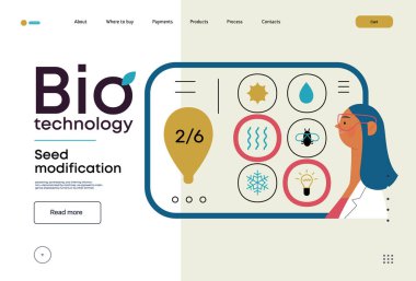 Bio Teknoloji, Tohum Modifikasyonu - Modern düz vektör konsepti bilim adamlarının tohum, genetik modifiye edilmiş varyantlar için özellikler seçtiğini gösteriyor. GDO 'nun bitkiler üzerindeki doğrudan etkisinin metaforu