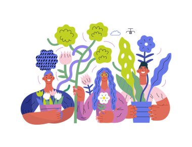Bitkiler ve çiçeklerle çevrili insanların yeşillik, ekoloji ve modern düz vektör konsepti. Çevresel sürdürülebilirlik ve koruma metaforu, doğaya yakınlık