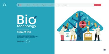 Bio Teknoloji, Yaşam Ağacı. Yaprakları çeşitli DNA türlerini temsil eden bilim insanlarının ağacı gözlemlediği modern düz vektör çizimi. Genetik araştırma ve yaşam çeşitliliği metaforu