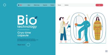 Bio Teknoloji, Cryocapsule Time Freezer - donmuş zaman kasalarını andıran gelecekçi kriyokapsüllerin modern düz vektör çizimi. Kriyonik teknoloji ile yaşamı ve zamanı koruma metaforu