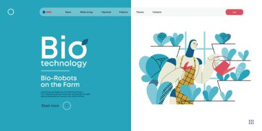 Bio Teknoloji, Robot çiftlikte - modern düz vektör konsepti tarımsal aktivitelerle uğraşan biyo-robot çizimi. Robot bilimi ve biyoteknoloji entegrasyonu, verimlilik, sürdürülebilirlik metaforu