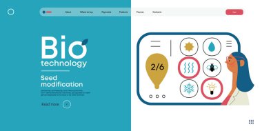 Bio Teknoloji, Tohum Modifikasyonu - Modern düz vektör konsepti bilim adamlarının tohum, genetik modifiye edilmiş varyantlar için özellikler seçtiğini gösteriyor. GDO 'nun bitkiler üzerindeki doğrudan etkisinin metaforu