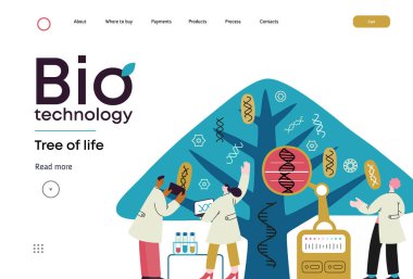 Bio Teknoloji, Yaşam Ağacı. Yaprakları çeşitli DNA türlerini temsil eden bilim insanlarının ağacı gözlemlediği modern düz vektör çizimi. Genetik araştırma ve yaşam çeşitliliği metaforu