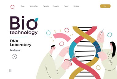 Bio Teknoloji, DNA Laboratuvarı - modern vektör konsepti. Bilim adamları DNA çift sarmalını inceliyor, parçaları değiştiriyor ve yeniden düzenliyor. Tarım ve tıptaki gelişmelerin metaforu