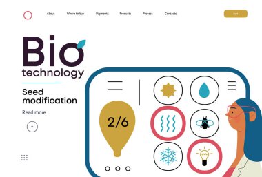 Bio Teknoloji, Tohum Modifikasyonu - Modern düz vektör konsepti bilim adamlarının tohum, genetik modifiye edilmiş varyantlar için özellikler seçtiğini gösteriyor. GDO 'nun bitkiler üzerindeki doğrudan etkisinin metaforu