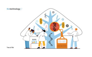 Bio Teknoloji, Yaşam Ağacı. Yaprakları çeşitli DNA türlerini temsil eden bilim insanlarının ağacı gözlemlediği modern düz vektör çizimi. Genetik araştırma ve yaşam çeşitliliği metaforu