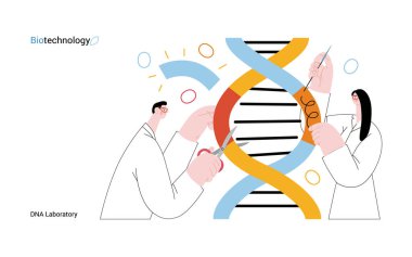 Bio Teknoloji, DNA Laboratuvarı - modern vektör konsepti. Bilim adamları DNA çift sarmalını inceliyor, parçaları değiştiriyor ve yeniden düzenliyor. Tarım ve tıptaki gelişmelerin metaforu