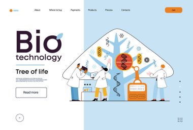 Bio Teknoloji, Yaşam Ağacı. Yaprakları çeşitli DNA türlerini temsil eden bilim insanlarının ağacı gözlemlediği modern düz vektör çizimi. Genetik araştırma ve yaşam çeşitliliği metaforu