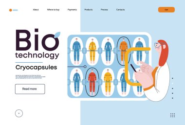 Bio Teknoloji, Cryocapsule Time Freezer - donmuş zaman kasalarını andıran gelecekçi kriyokapsüllerin modern düz vektör çizimi. Kriyonik teknoloji ile yaşamı ve zamanı koruma metaforu