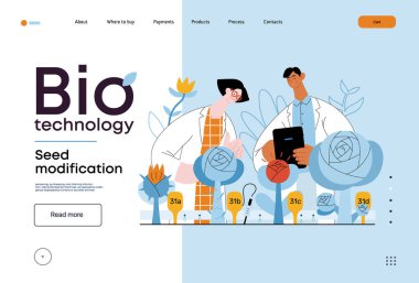 Bio Teknoloji, Tohum Modifikasyonu - Modern düz vektör konsepti bir bitkinin genetik değiştirilmiş varyantlarını analiz eden bilim adamları. GDO 'nun bitkiler üzerindeki doğrudan etkisinin metaforu