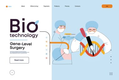 Bio-Teknoloji, Gen-Seviye Cerrahi - moleküler seviyedeki hassas genetik değişikliklerin modern düz vektör gösterimi. Genetik bozuklukların tedavisi ve insan sağlığının iyileştirilmesi metaforu