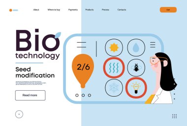 Bio Teknoloji, Tohum Modifikasyonu - Modern düz vektör konsepti bilim adamlarının tohum, genetik modifiye edilmiş varyantlar için özellikler seçtiğini gösteriyor. GDO 'nun bitkiler üzerindeki doğrudan etkisinin metaforu