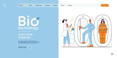 Bio Teknoloji, Cryocapsule Time Freezer - donmuş zaman kasalarını andıran gelecekçi kriyokapsüllerin modern düz vektör çizimi. Kriyonik teknoloji ile yaşamı ve zamanı koruma metaforu