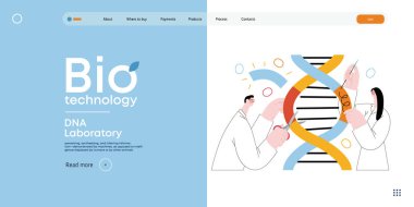 Bio Teknoloji, DNA Laboratuvarı - modern vektör konsepti. Bilim adamları DNA çift sarmalını inceliyor, parçaları değiştiriyor ve yeniden düzenliyor. Tarım ve tıptaki gelişmelerin metaforu