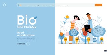 Bio Teknoloji, Tohum Modifikasyonu - Modern düz vektör konsepti bir bitkinin genetik değiştirilmiş varyantlarını analiz eden bilim adamları. GDO 'nun bitkiler üzerindeki doğrudan etkisinin metaforu