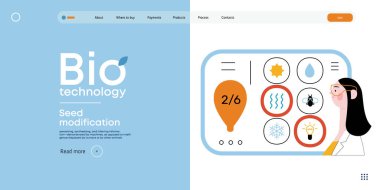 Bio Teknoloji, Tohum Modifikasyonu - Modern düz vektör konsepti bilim adamlarının tohum, genetik modifiye edilmiş varyantlar için özellikler seçtiğini gösteriyor. GDO 'nun bitkiler üzerindeki doğrudan etkisinin metaforu