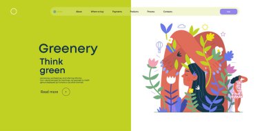 Greenery, ecology -modern flat vector concept illustration of a mural of a woman, surrounded by plants. Metaphor of environmental sustainability and protection, closeness to nature clipart